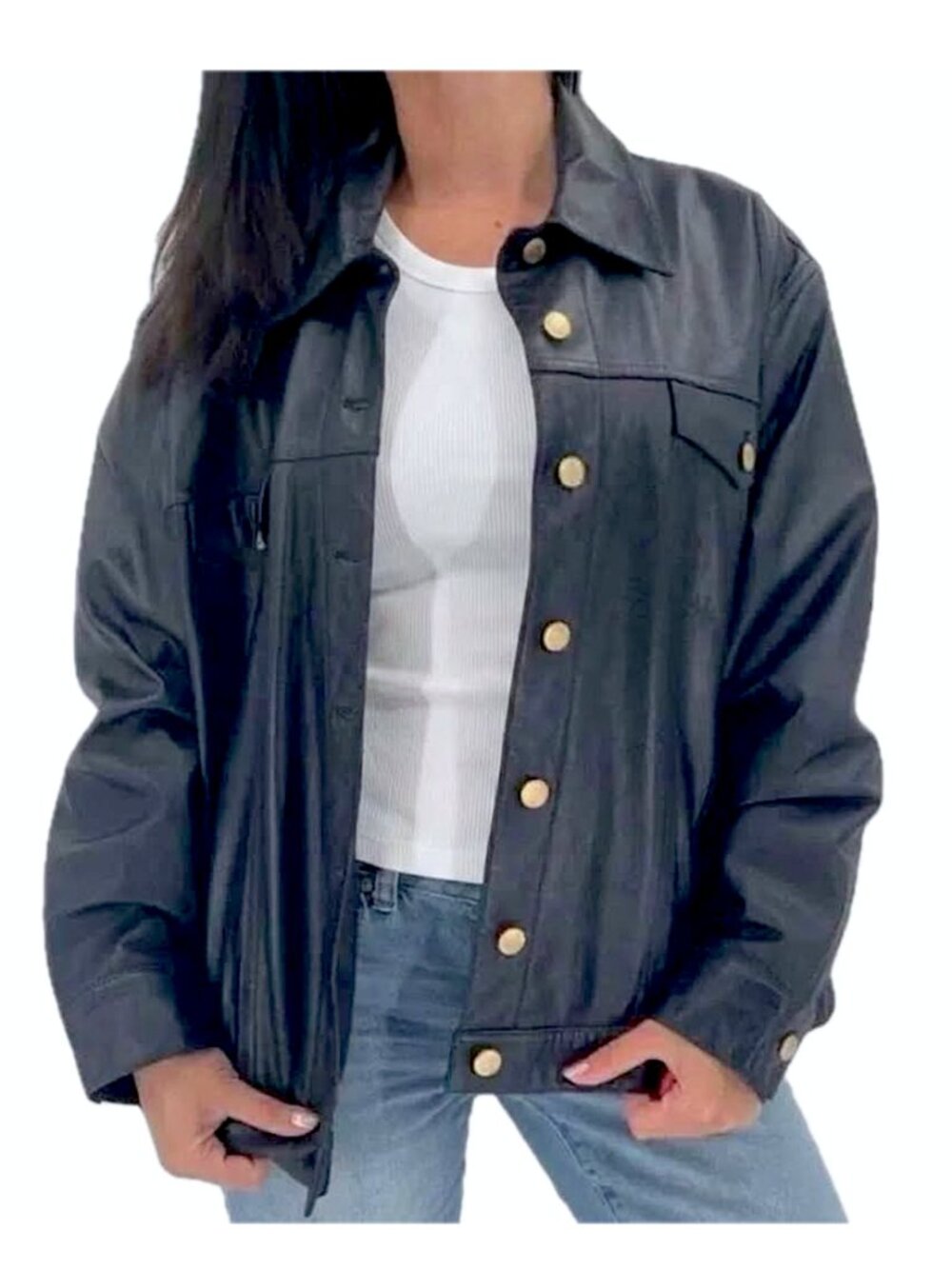 Ralph Lauren Navy Blue Leather Jacket Trucker Style Women's Size S